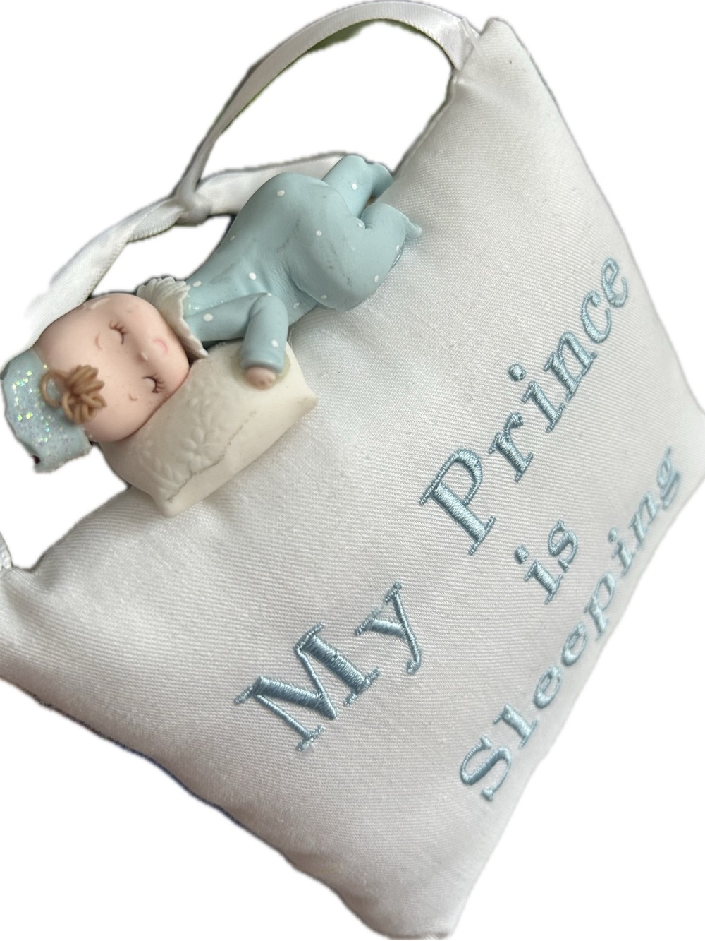 Baby Boy Nursery Satin Decor Pillow with Cute Blue Miniature Sleeping Doll 5.5"